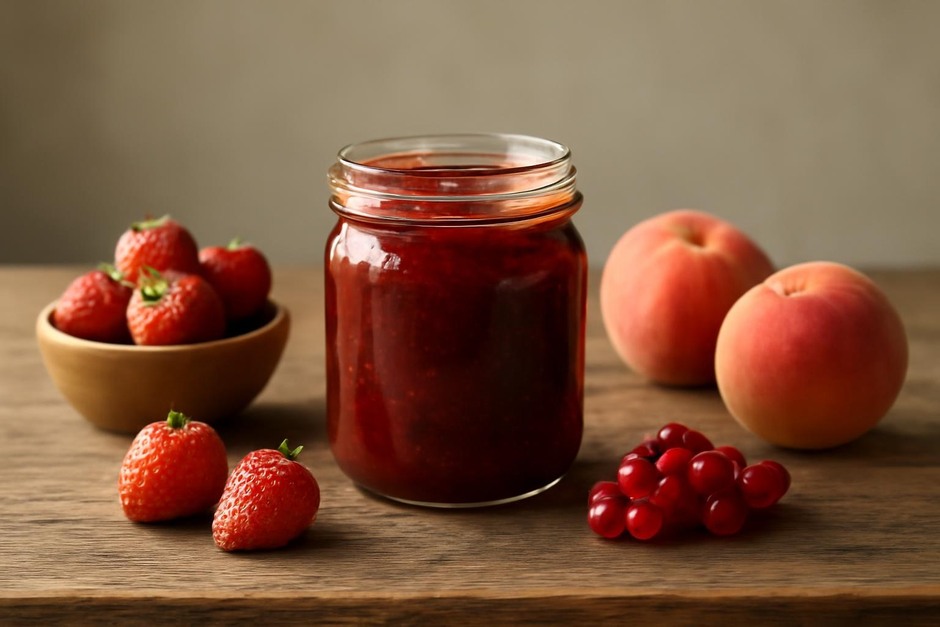 Jar of homemade jam on a wooden table with fresh fruit