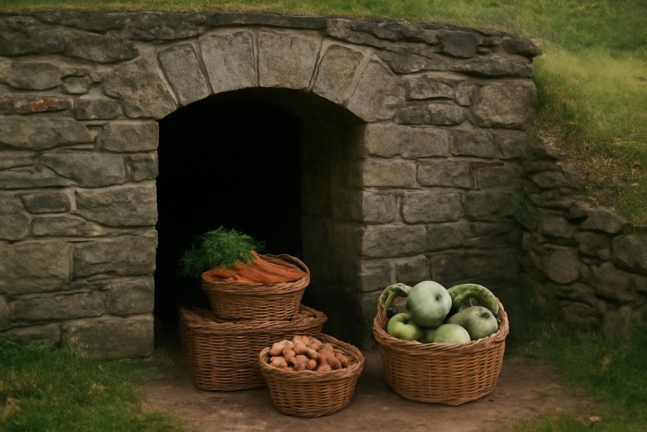 Stone root cellar with stacked baskets of vegetables