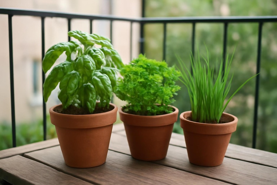 Small balcony with pots of basil, parsley, and chives